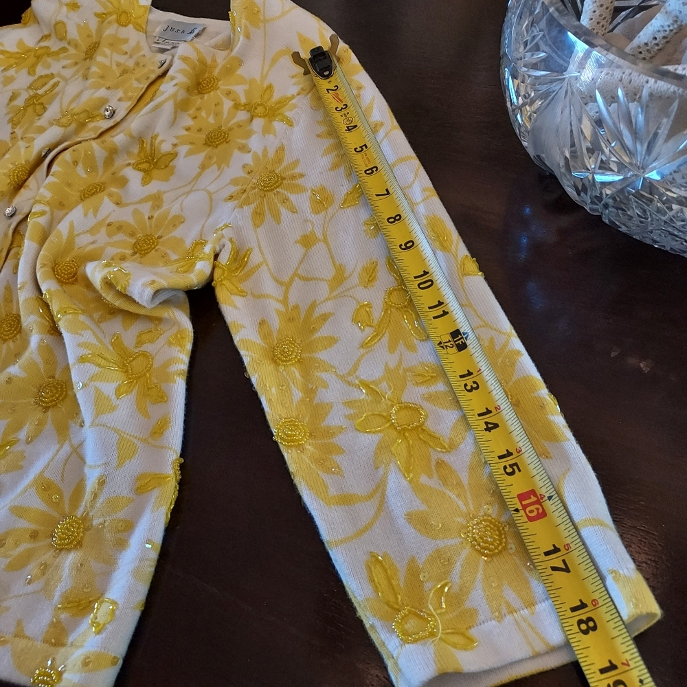 Beaded & Embroidered Yellow Flowered Cardigan Sweater By Just B. Sz. L. - Picture 12 of 13